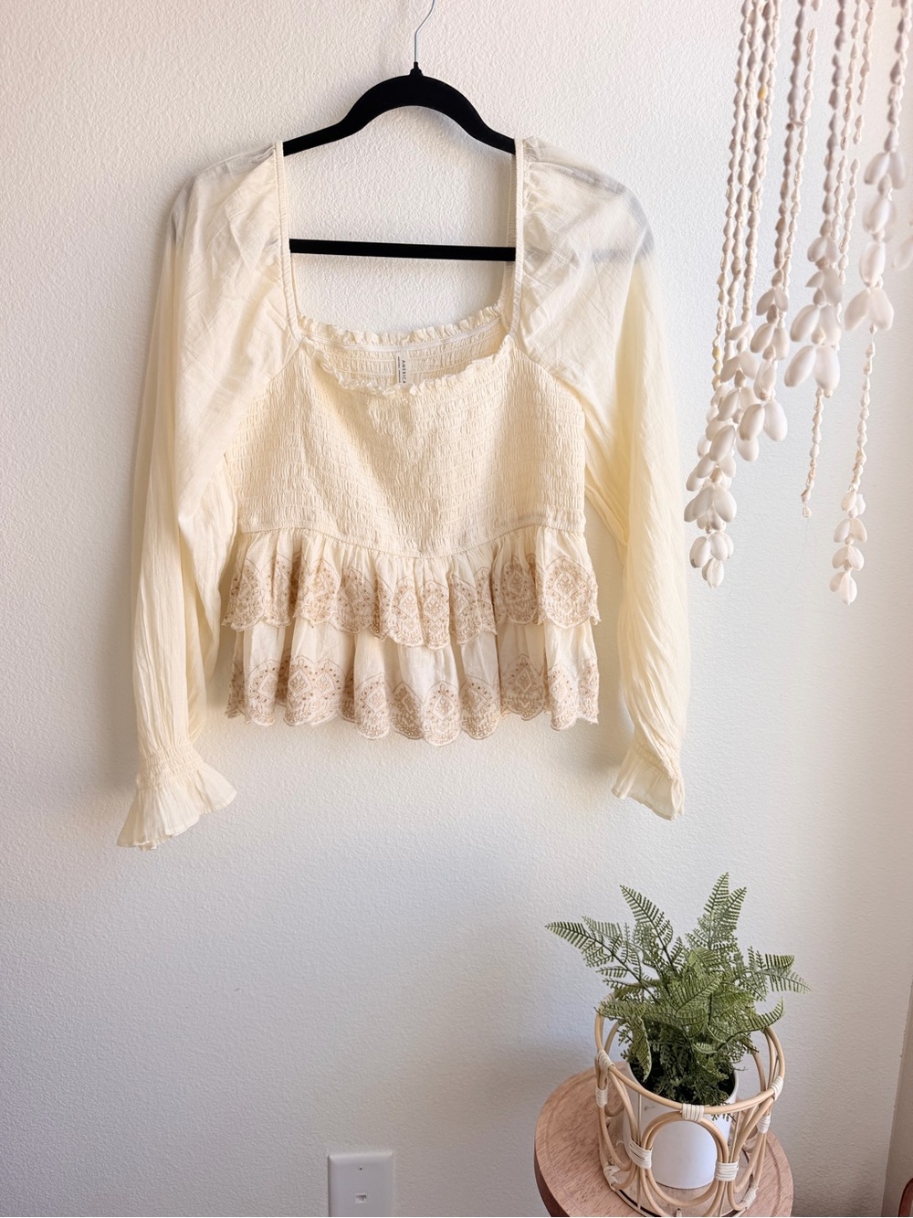 American Eagle Outfitters Cream Lace-Tiered Peasant Blouse